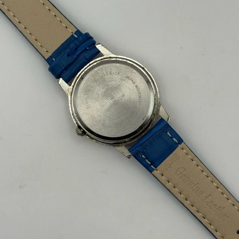 VINTAGE DATE MOON PHASE RHINESTONES DIAL QUARTZ SILVER BLUE BAND (New Battery)